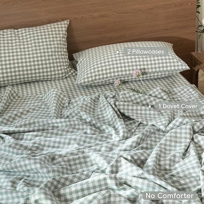 MooMee Gingham Duvet Cover Set 100% Washed Cotton Linen Like Textured Breathable Durable Soft Comfy Modern Checkered Design (Sage Green Gingham, Full 80"x90")