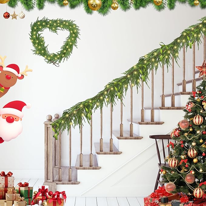 2Pcs 6FT Christmas Norfolk Pine Garland with Light, Lighted Real Touch Norfolk Pine Garland, Artificial Greenery Garlands for Indoor Outdoor Fireplace Wall Stairs Table Xmas Decor