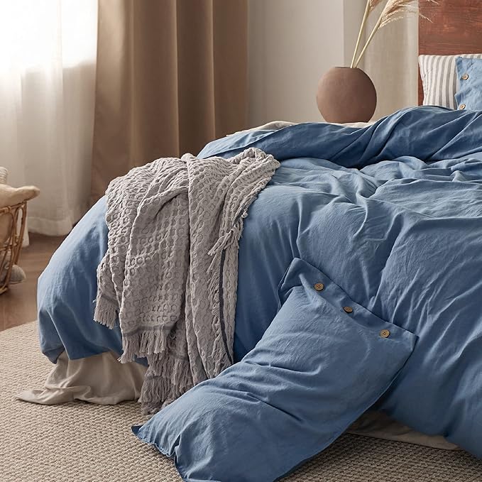 Bedsure Linen Duvet Cover Queen - Linen Cotton Blend Bedding Set, Soft & Cozy, 3 Pieces, 1 Duvet Cover 90x90 Inches and 2 Pillowcases, Foggy Blue Color Cooling Bedding, Comforter Sold Separately