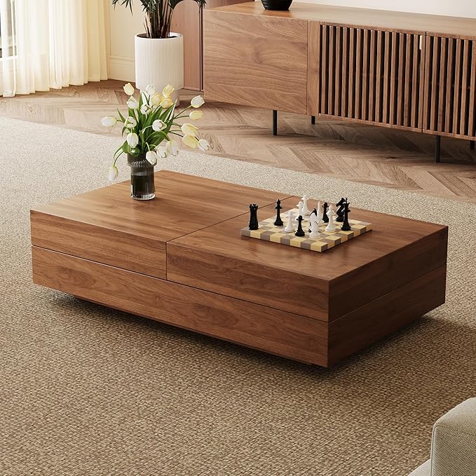 Mid-Century Expandable Coffee Table with Storage – 47.2"-81.9" Adjustable Center Table for Living Room, Walnut Wood Finish