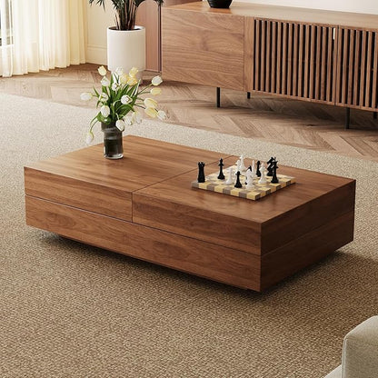 Mid-Century Expandable Coffee Table with Storage – 47.2"-81.9" Adjustable Center Table for Living Room, Walnut Wood Finish