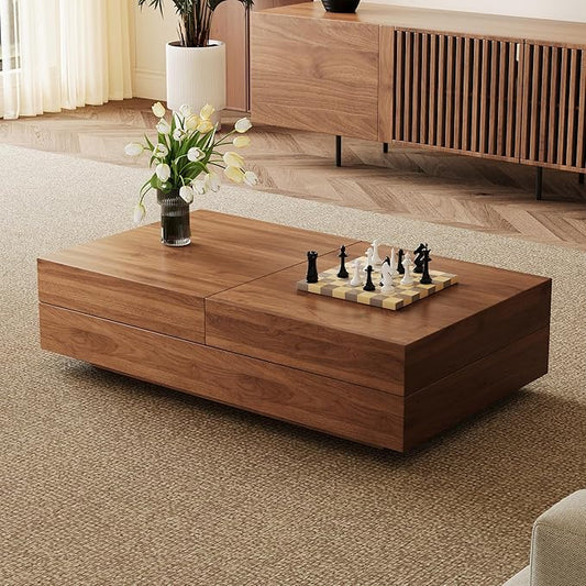 Mid-Century Expandable Coffee Table with Storage – 47.2"-81.9" Adjustable Center Table for Living Room, Walnut Wood Finish