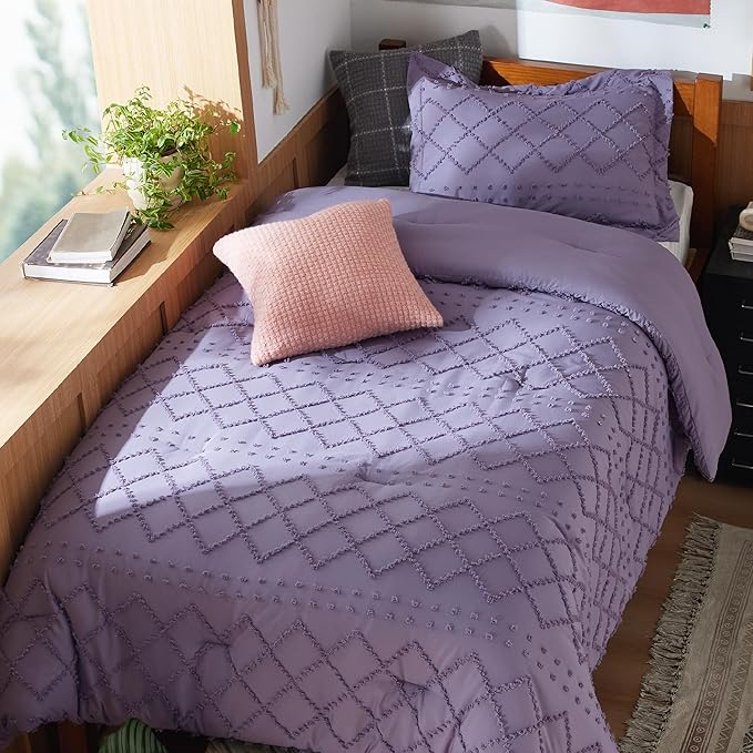 Bedsure Twin Comforter Set - Grayish Purple Boho Twin Comforter, Shabby Chic Dorm Bedding Set for Kids, 2 Pieces Modern Farmhouse Bed Set, Includes 1 Pillow Sham