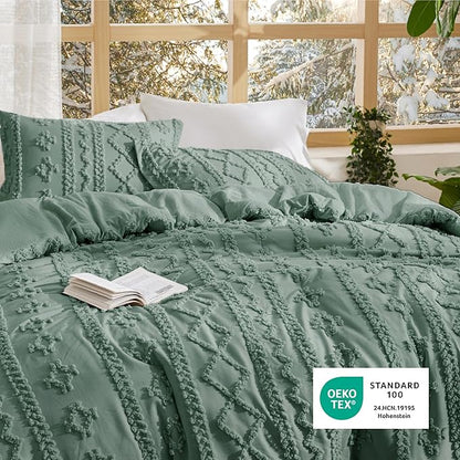 Bedsure Tufted Boho Comforter Set Twin Size - Green Boho Bed Set, GentleSoft™ 2 Pieces Farmhouse Shabby Chic Embroidery Bedding, Gifts for Woman, Soft Jacquard Twin Comforter for All Seasons