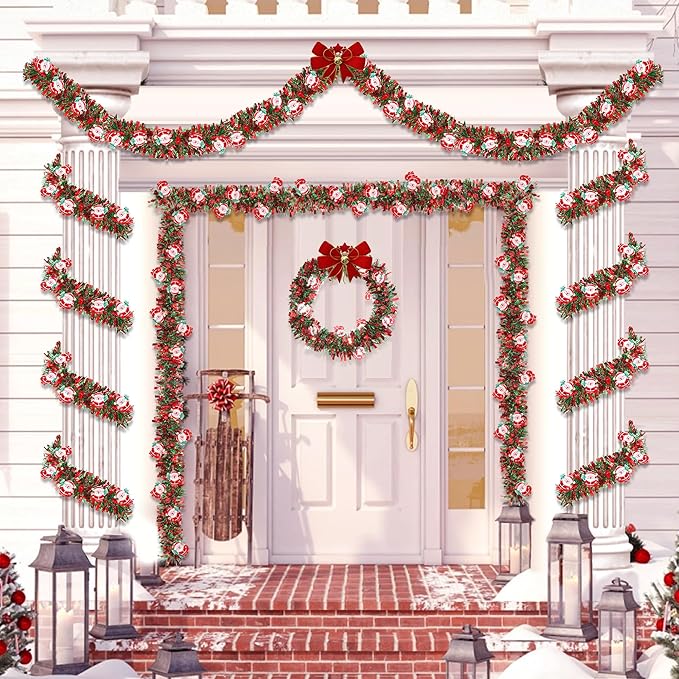 33FT Red Green Christmas Tinsel Garland with Santa Claus Ornaments Christmas Garland Christmas Decorations, Metallic Xmas Tree Garland Indoor Outdoor for Home Mantle Xmas Party Holiday Decor Gift
