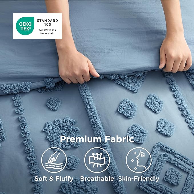 Bedsure Queen Size Comforter Set - Grayish Blue Tufted Boho Bed Set, Farmhouse Shabby Chic Embroidery Bedding for All Seasons, 3 Pieces, 1 Soft Jacquard Queen Comforter and 2 Pillow Shams