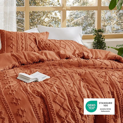 Bedsure Tufted Boho Comforter Set Twin Size - Terracotta Boho Bed Set, GentleSoft™ 2 Pieces Farmhouse Shabby Chic Embroidery Bedding, Gifts for Woman, Soft Jacquard Twin Comforter for All Seasons