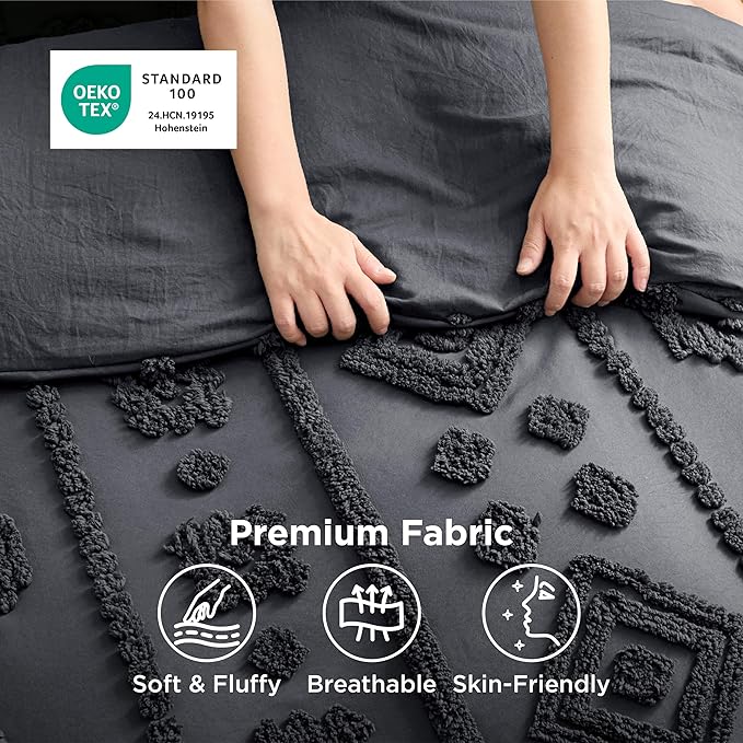 Bedsure Queen Size Comforter Set - Dark Grey Tufted Boho Bed Set, Farmhouse Shabby Chic Embroidery Bedding for All Seasons, 3 Pieces, 1 Soft Jacquard Queen Comforter and 2 Pillow Shams