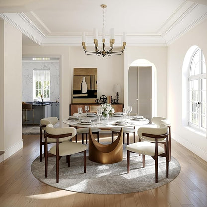 POVISON 59" Round Dining Table for 6, Glossy White Sintered Stone Dining Tabletop with Bronze Carbon Steel Pedestal, Modern Dining Room Table for Living Room, Kitchen (Table ONLY)