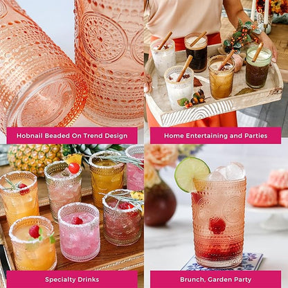Kate Aspen Hobnail Beaded Floral Rose Gold Drinking Glasses Set of 6, (13 oz) Vintage Glassware Set Cocktail Glass Set, Juice Glass, Water Cups | Great Hostess Gift & Gift for New Home Owners