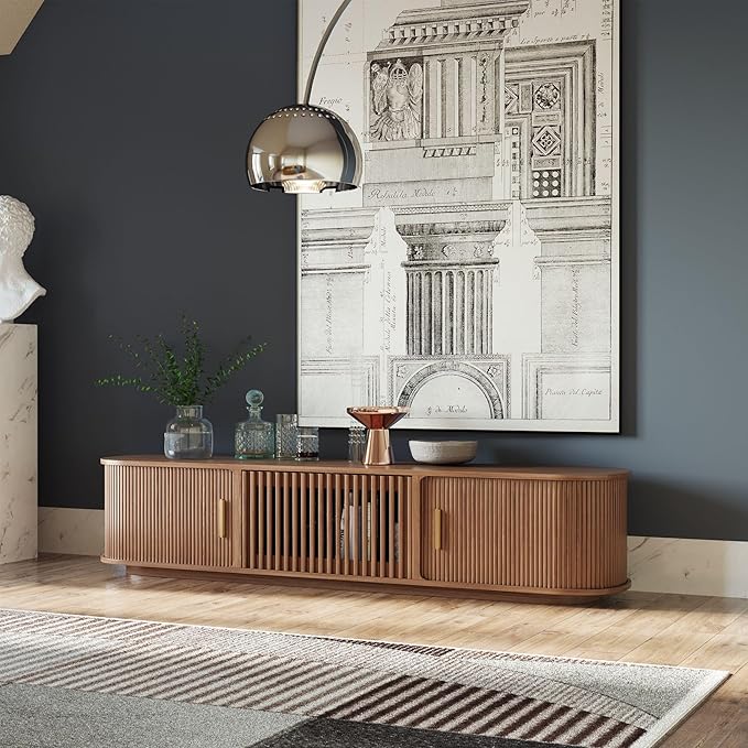 POVISON Fully-Assembled Mid-Century Modern Tambour Door TV Stand, Wood TV Console, Entertainment Center with Storage for 75 inch TV, Media Console for Living Room