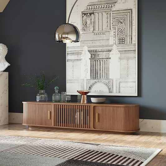 POVISON Fully-Assembled Mid-Century Modern Tambour Door TV Stand, Wood TV Console, Entertainment Center with Storage for 75 inch TV, Media Console for Living Room