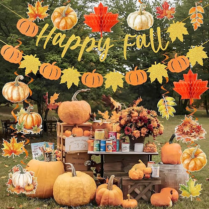 Happy Fall Party Decorations, with Pre-strung Pumpkin Banners and Hanging Swirls, Thanksgiving Hanging Decorations, Autumn Pumpkin Decorations for Home Indoor Fall Thanksgiving Party
