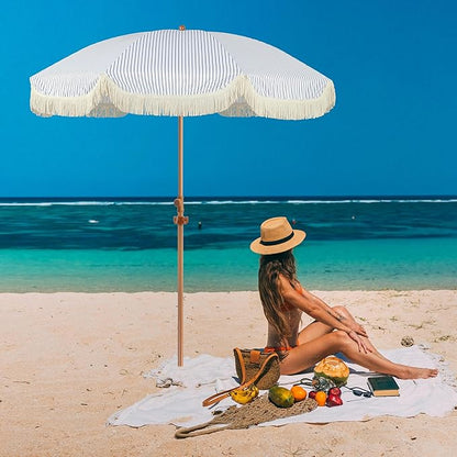 6.5ft Patio Umbrella with Fringe, Beach Umbrella, Fringe Umbrella Outdoor Patio with Hanging Hook, Tilting Aluminum Pole, UV 50+, Fiberglass Ribs, Blue White Stripe