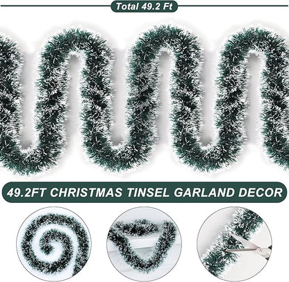 50 Feet Green Christmas Tinsel Garland Christmas Decorations for Xmas Tree Decor Metallic Twist Shiny Hanging Garlands for Tree Mantel Stairs Fireplace Home Indoor Outdoor Holiday Decor Party Supplies