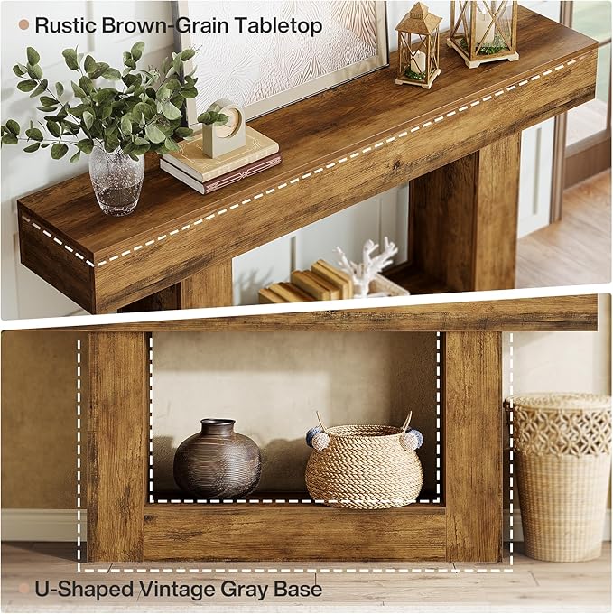 Tribesigns 63-Inch Long Console Table, 2-Tier Entryway Table Sofa Table with Storage, Farmhouse Wood Behind Couch Table for Living Room, Hallway, Rustic Brown
