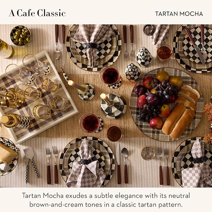 MACKENZIE-CHILDS Set of 4 Highball Glasses, Tall Drinking Glasses, 14 Ounces, Brown-and-White Tartan Mocha