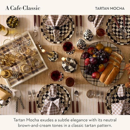 MACKENZIE-CHILDS Set of 4 Highball Glasses, Tall Drinking Glasses, 14 Ounces, Brown-and-White Tartan Mocha