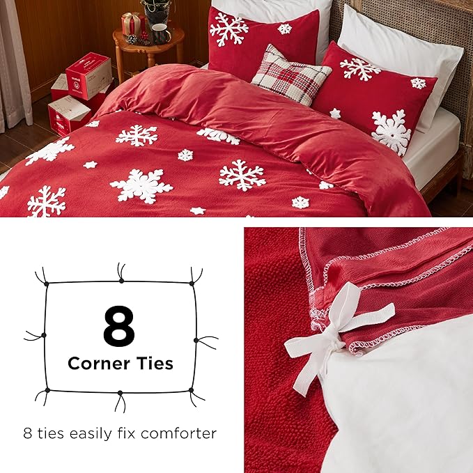 Bedsure Fluffy Duvet Cover Set - Ultra Soft Plush Shaggy Comforter Cover King Size, Warm Flannel Fleece Bed Sets for Winter, 3 Pieces, Snowflake Pattern, Red