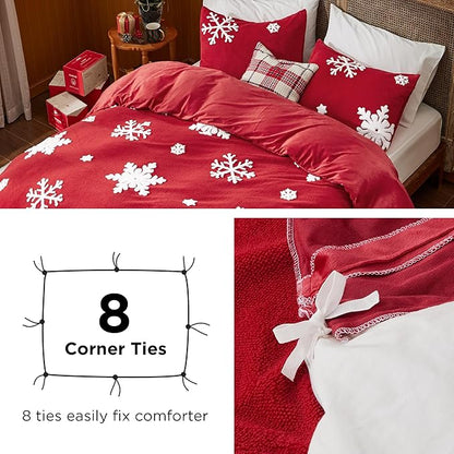 Bedsure Fluffy Duvet Cover Set - Ultra Soft Plush Shaggy Comforter Cover King Size, Warm Flannel Fleece Bed Sets for Winter, 3 Pieces, Snowflake Pattern, Red