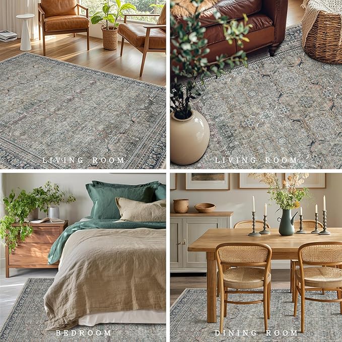 Washable Rugs 8x10 Area Rugs for Living Room,Rugs for Bedroom,Large Carpets,Ultra Soft Faux Wool Retro Dining Room Rug,Non Slip&Non-Shedding Low Pile Vintage Print Rug for Home Office,Green