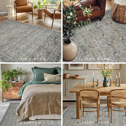 Washable Rugs 8x10 Area Rugs for Living Room,Rugs for Bedroom,Large Carpets,Ultra Soft Faux Wool Retro Dining Room Rug,Non Slip&Non-Shedding Low Pile Vintage Print Rug for Home Office,Green