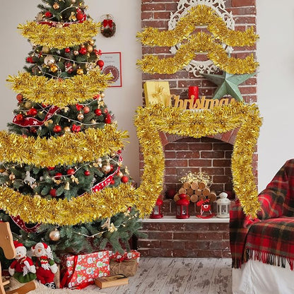 50FT Tinsel Christmas Garland Metallic Twist Garland Shiny Hanging Tinsel for Christmas Tree Party Supplies Indoor Outdoor Home Xmas Decoration (Gold)