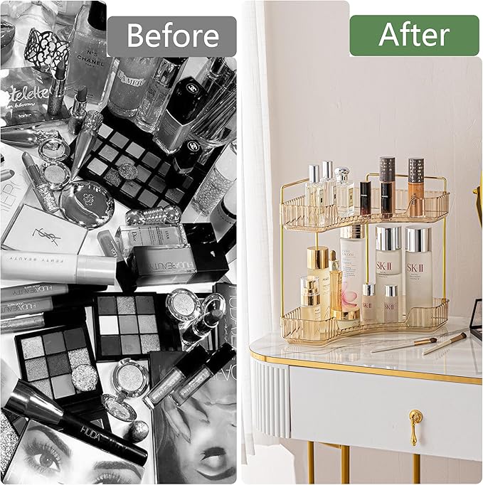 Corner Bathroom Counter Organizer Bathroom Countertop Shelf Makeup Organizer for Vanity Perfume Corner Storage (2 Tiers, Gold)