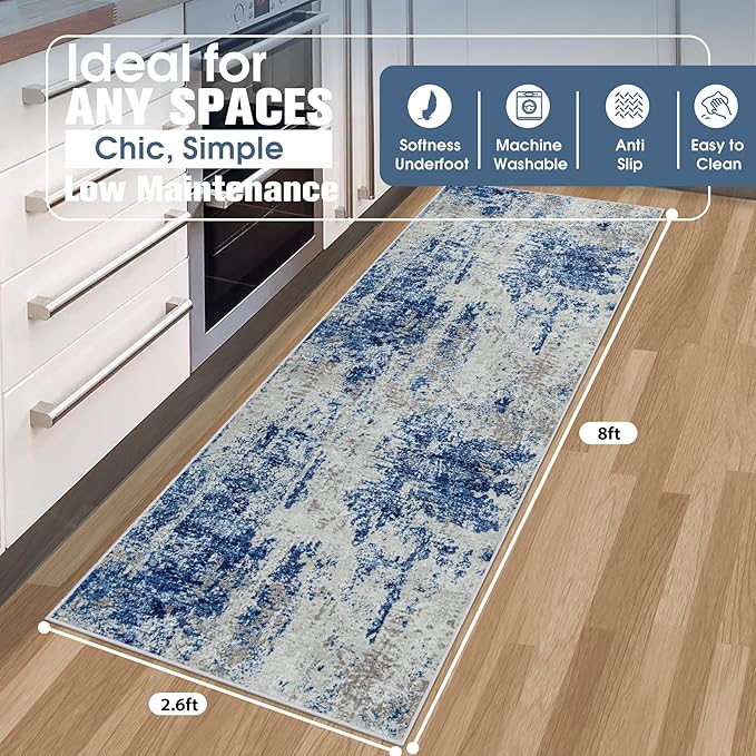 Runner Rug for Hallways Kitchen 2'6"x8' Washable Non Slip: Carpet Non Skid 8ft Entryway Rubber Backed 8 Feet Neutral Abstract Modern Rug Low Pile Pet Friendly Indoor Blue Grey White