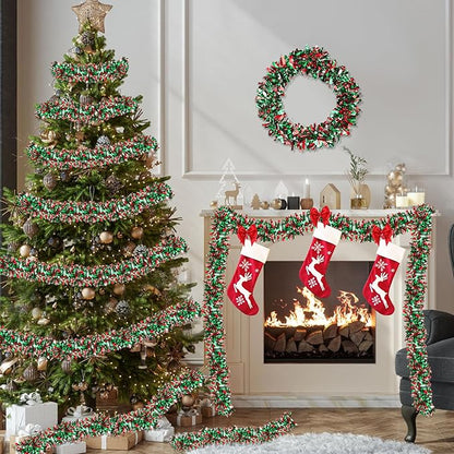 50 FT Christmas Tinsel Garland for Christmas Tree Decorations, Red Green Silver Metallic Twist Shiny Hanging Xmas Garlands for Stairs Mantle Fireplace Home Indoor Outdoor Holiday Party Suppliers Decor