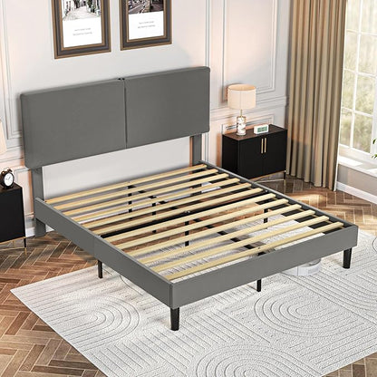 VECELO Queen Bed Frame with Type-C & USB Ports, Upholstered Platform Height-Adjustable Cotton and Linen Headboard,No Box Spring Needed,Noise-Free,Easy Assembly, Dark Gery