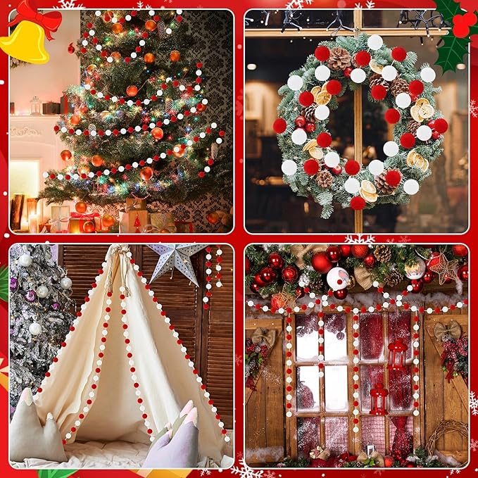 MARFOREVER 4 Pack 26.3 Feet Red and White Christmas Decorations Christmas Pom Pom Garland 30 Balls Xmas Felt Ball Garland for Xmas School Classroom Mantel Wall Home Party Decor Hanging Ornaments