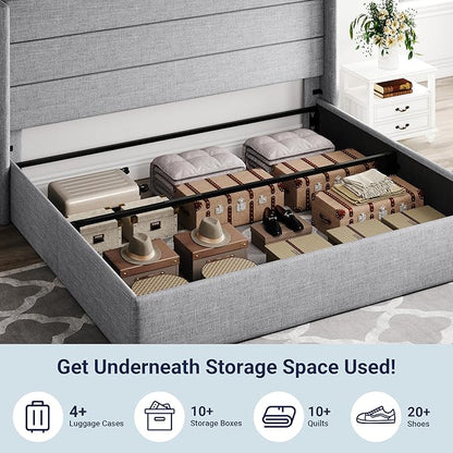 Allewie King Size Lift Up Storage Bed, Modern Wingback Headboard, Hydraulic Support, No Box Spring Needed, Light Grey