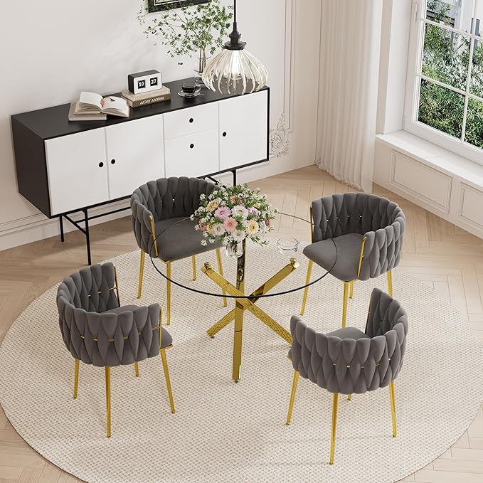 Modern Luxury Round Glass Dining Table Set for 4, 39'' Clear Circular Kitchen Table Set, 5 Pieces Minimalist Circle Dinner Room Table Set with Grey Woven Dining Chair, for Small Place (Gold)