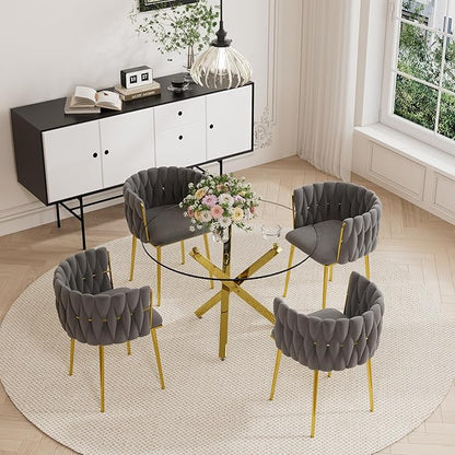 Modern Luxury Round Glass Dining Table Set for 4, 39'' Clear Circular Kitchen Table Set, 5 Pieces Minimalist Circle Dinner Room Table Set with Grey Woven Dining Chair, for Small Place (Gold)
