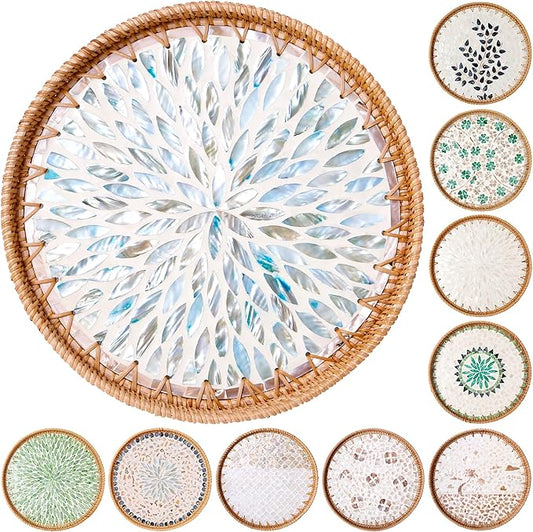 Round Rattan Tray with Mother of Pearl Inlay & Wooden Base - Decorative Wicker Serving Tray for Coffee/Bread/Fruits, Food Storage & Display - Multipurpose Home Decor (L,Colorful Leaves)