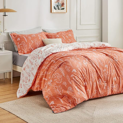 Bedsure Queen Comforter Set - Coral Orange Bed Set, 3 Pieces Cute Floral Bedding, 1 Soft Reversible Botanical Flowers Comforter and 2 Pillow Shams