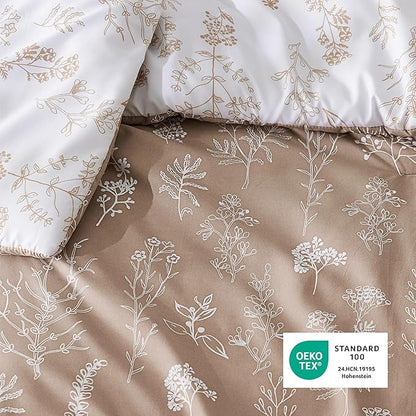 Bedsure Queen Comforter Set - Light Taupe Bed Set, 3 Pieces Cute Floral Bedding, 1 Soft Reversible Botanical Flowers Comforter and 2 Pillow Shams