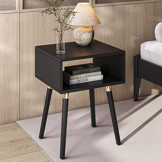 Bme Dinkee Solid Wood Bedside Table Fully Assembled Without Drawer for Mid Century Bedroom and Living Room, Black
