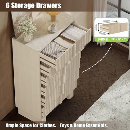 Fluted Dresser for Bedroom with 6 Drawers, 51'' H Modern Chest of Drawers with Wooden Handle, Wooden Dresser TV Stand, Wood Closet Clothes Storage Organizer for Living Room, Hallway, Whitewashed Oak