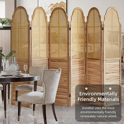 6 Panels Room Divider, Rustic Rattan Room Divider, Wood Folding Privacy Screen, Foldable Wood Divider Wall, Separate Portable Partition Screen, Wall Divider for Room Separation (Natural)
