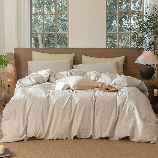 MooMee Striped Duvet Cover Set 100% Washed Cotton Linen Like Textured Breathable Durable Soft Comfy (Tannish Linen Grey White Pinstripes, Oversized King Plus 128"x120")