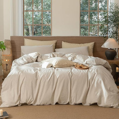 MooMee Striped Duvet Cover Set 100% Washed Cotton Linen Like Textured Breathable Durable Soft Comfy (Tannish Linen Grey White Pinstripes, Twin 68"x90")