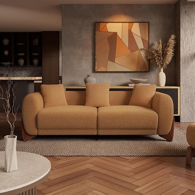 Morden Fort 3 Piece Boucle Sofa Set, Modern Upholstered Couches Sofas Set Durable Comfy Boucle Pet-Friendly, 2 Arm chairs & 3-Seater Sofa Sets for Living Room Bedroom Apartment, Toffee Orange