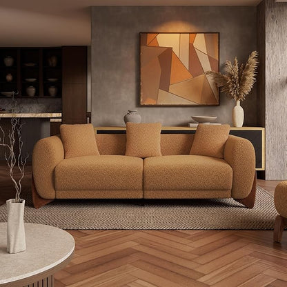 Morden Fort Boucle Sofa, Modern Upholstered Cloud Couch Durable Comfy Boucle Pet-Friendly Sofa Deep Seat with Wooden Leg & Pillow Sofas 3 Seater Couches for Living Room Bedroom Apartment Toffee Orange