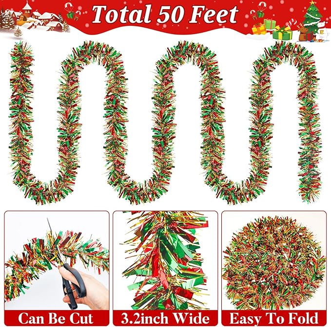 50Ft Christmas Red Green and Gold Tinsel Garland Metallic Twist Shiny Garland for Xmas Christmas Tree Ceiling Hanging Decorations Holiday Wedding Home Party Supplies Indoor Outdoor Decor