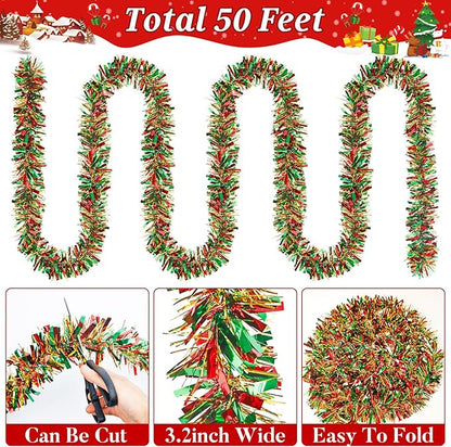 50Ft Christmas Red Green and Gold Tinsel Garland Metallic Twist Shiny Garland for Xmas Christmas Tree Ceiling Hanging Decorations Holiday Wedding Home Party Supplies Indoor Outdoor Decor