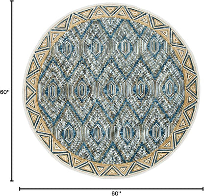 SAFAVIEH Aspen Collection 5' Round Blue/Gold APN822M Handmade Boho Premium Wool Entryway Foyer Living Room Bedroom Kitchen Area Rug