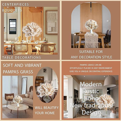 150pcs Pampas Grass + 1 White Ceramic vase + 1 Wood Bead Garland , Boho Home Decor Bouquet Phragmites Dried Flowers Bouquet for Wedding Floral Arrangements Home Decorations