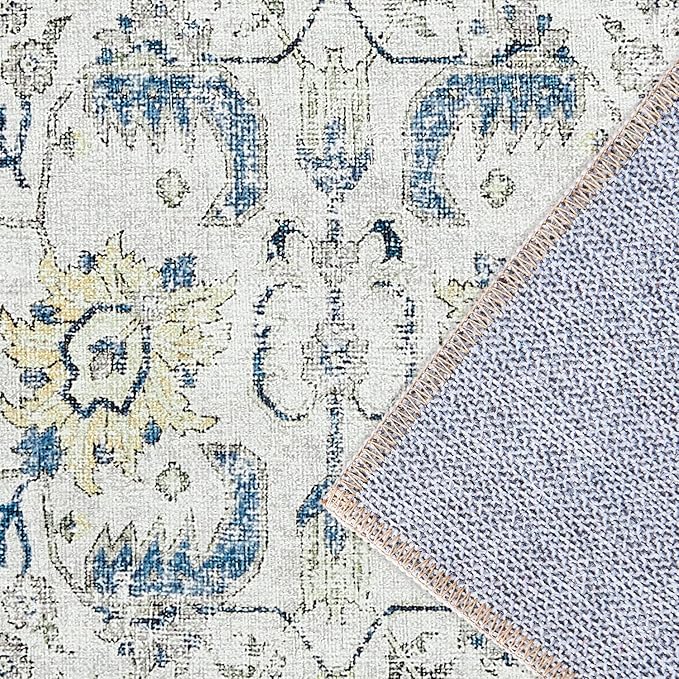 jinchan Vintage Floral Washable Area Rug 5x7 Non-Slip Low Pile Carpet, Blue Multi